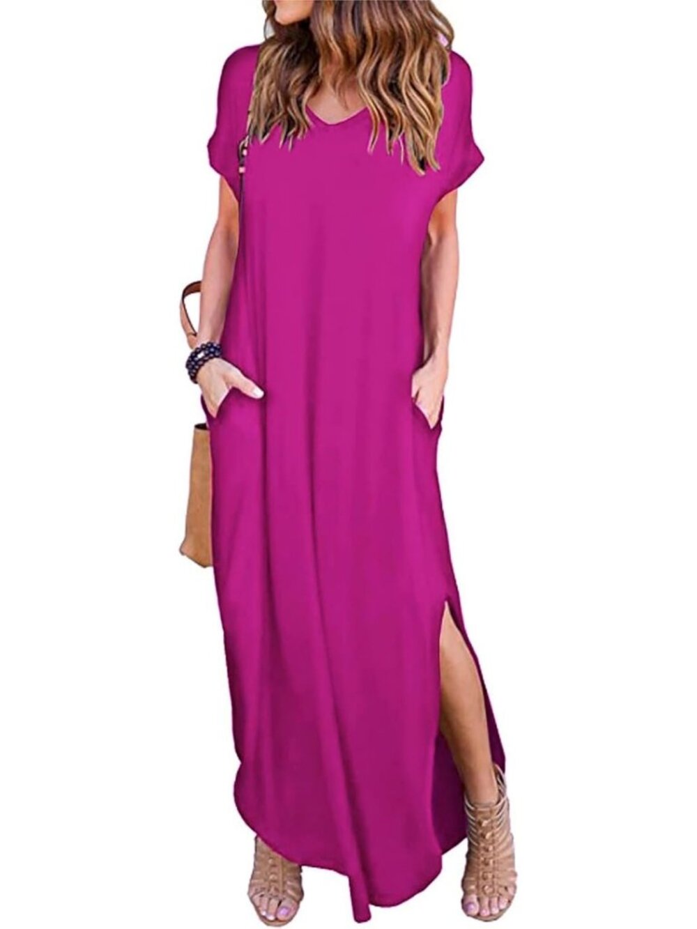 Women's Plum Red Summer Maxi Long Dress Casual Loose Short Sleeve Split Pockets